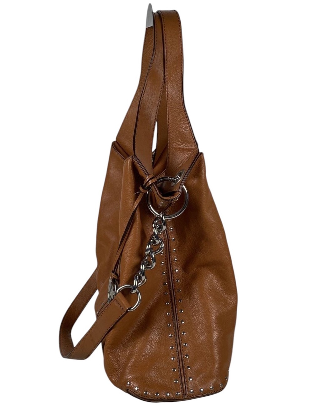 Michael Kors Brown Leather Studded Hobo Shoulder Bag MK Charm - Picture 7 of 9